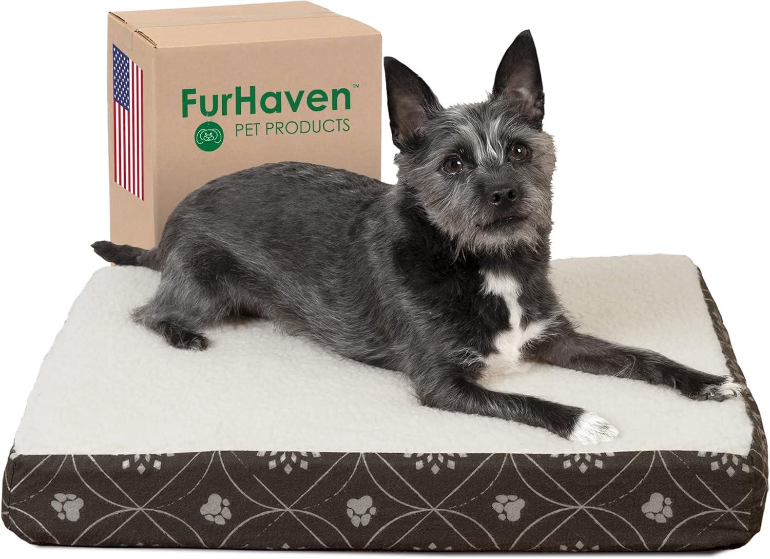 imageFurhaven Memory Foam Dog Bed for Large Dogs w Removable Washable Cover For Dogs Up to 95 lbs Ultra Plush Faux Fur ampamp Suede Mattress Chocolate JumboXLSherpa Paw Print Flannel Dark Espresso