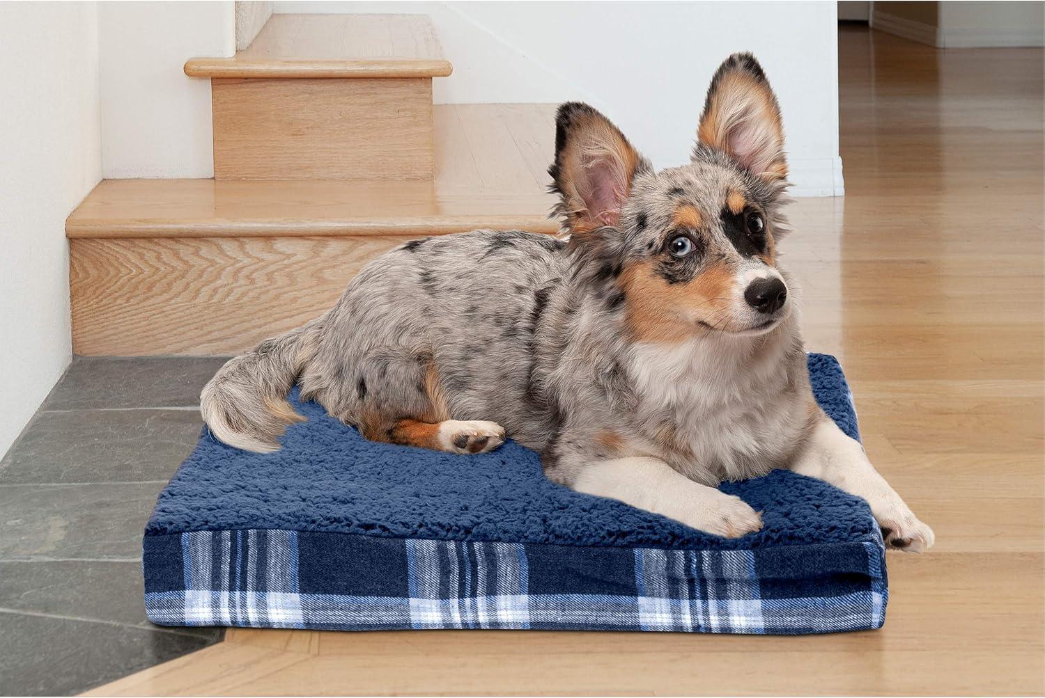 imageFurhaven Memory Foam Dog Bed for Large Dogs w Removable Washable Cover For Dogs Up to 95 lbs Ultra Plush Faux Fur ampamp Suede Mattress Chocolate JumboXLSherpa Plaid Flannel Midnight Blue