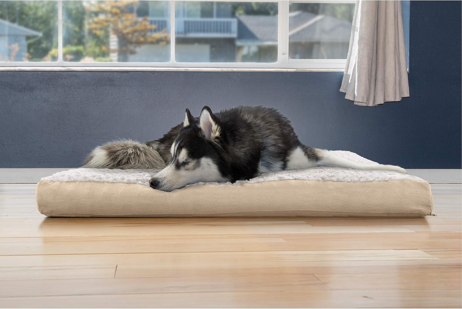 imageFurhaven Memory Foam Dog Bed for Large Dogs w Removable Washable Cover For Dogs Up to 95 lbs Ultra Plush Faux Fur ampamp Suede Mattress Chocolate JumboXLUltra Plush Curly Faux Fur Cream