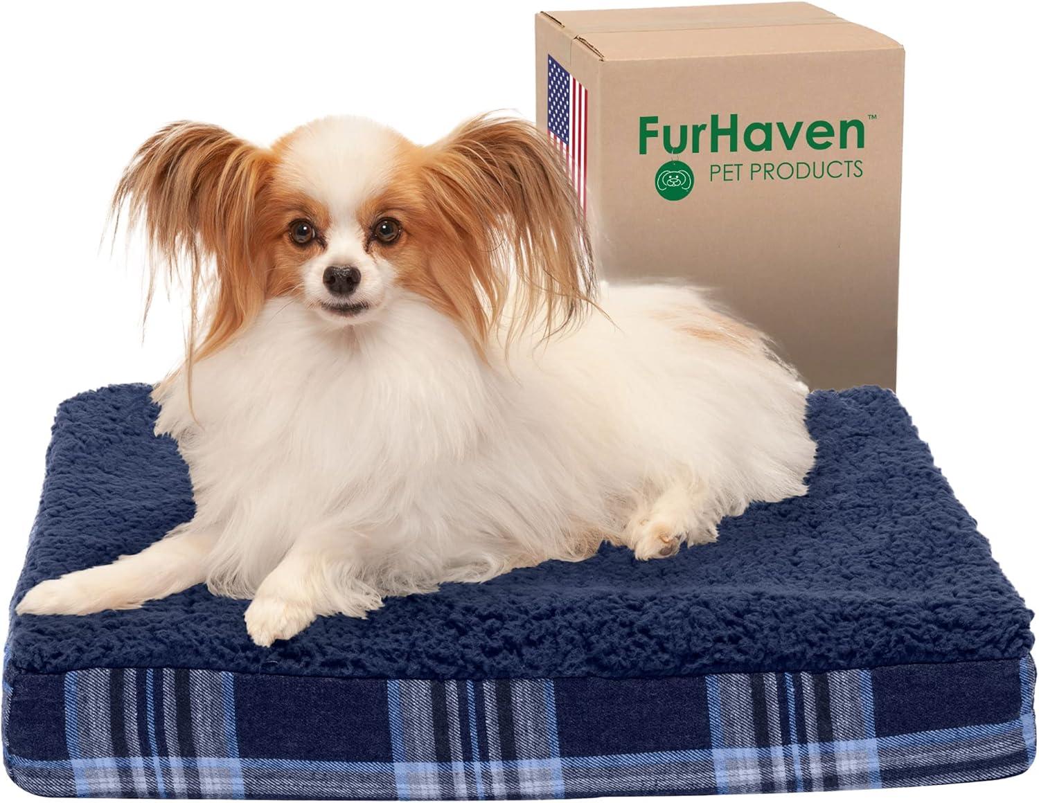 imageFurhaven Memory Foam Dog Bed for Large Dogs w Removable Washable Cover For Dogs Up to 95 lbs Ultra Plush Faux Fur ampamp Suede Mattress Chocolate JumboXLSherpa Plaid Flannel Midnight Blue