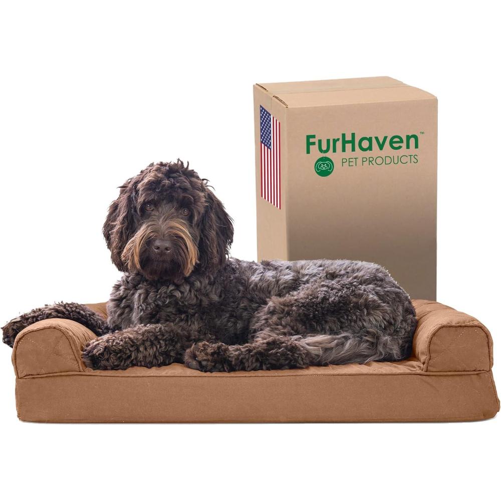 imageFurhaven Memory Foam Dog Bed for Large Dogs w Removable Bolsters ampamp Washable Cover For Dogs Up to 125 lbs Plush ampamp Suede Sofa Gray Jumbo PlusXXLQuilted Toasted Brown