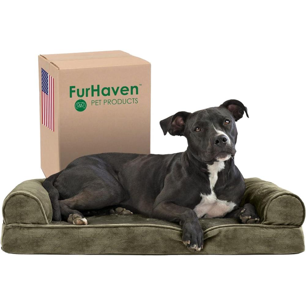 imageFurhaven Memory Foam Dog Bed for Large Dogs w Removable Bolsters ampamp Washable Cover For Dogs Up to 125 lbs Plush ampamp Suede Sofa Gray Jumbo PlusXXLFaux Fur Velvet Dark Sage