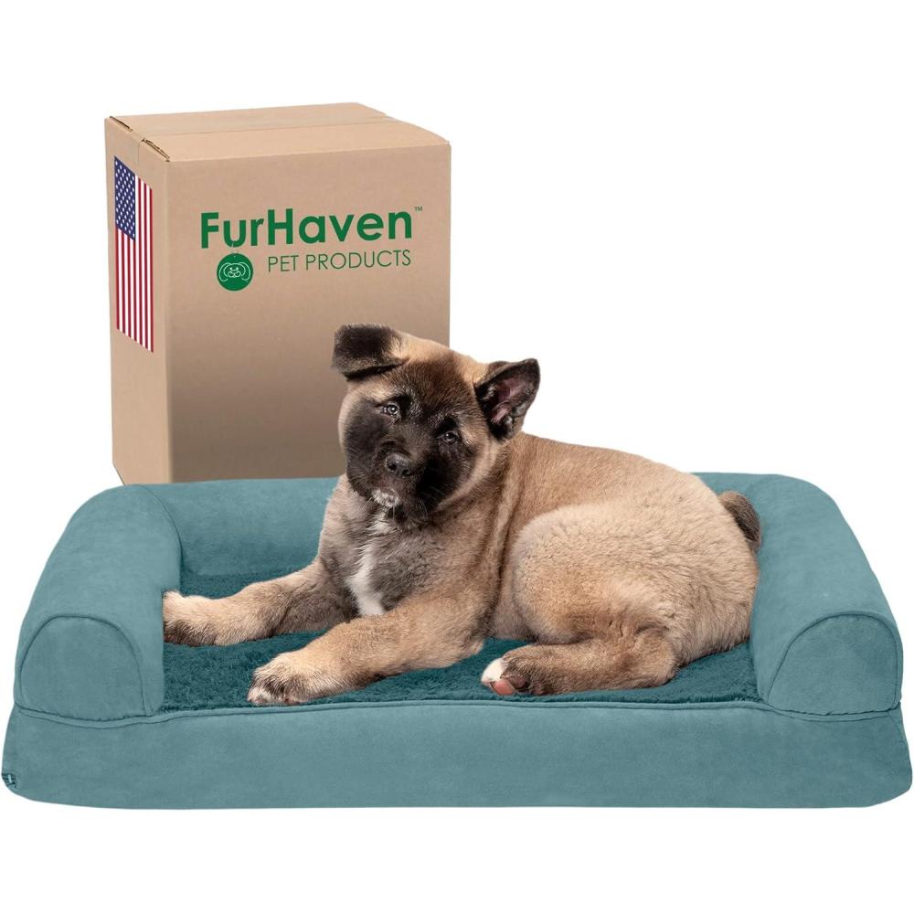 imageFurhaven Memory Foam Dog Bed for Large Dogs w Removable Bolsters ampamp Washable Cover For Dogs Up to 125 lbs Plush ampamp Suede Sofa Gray Jumbo PlusXXLPlush Suede Deep Pool