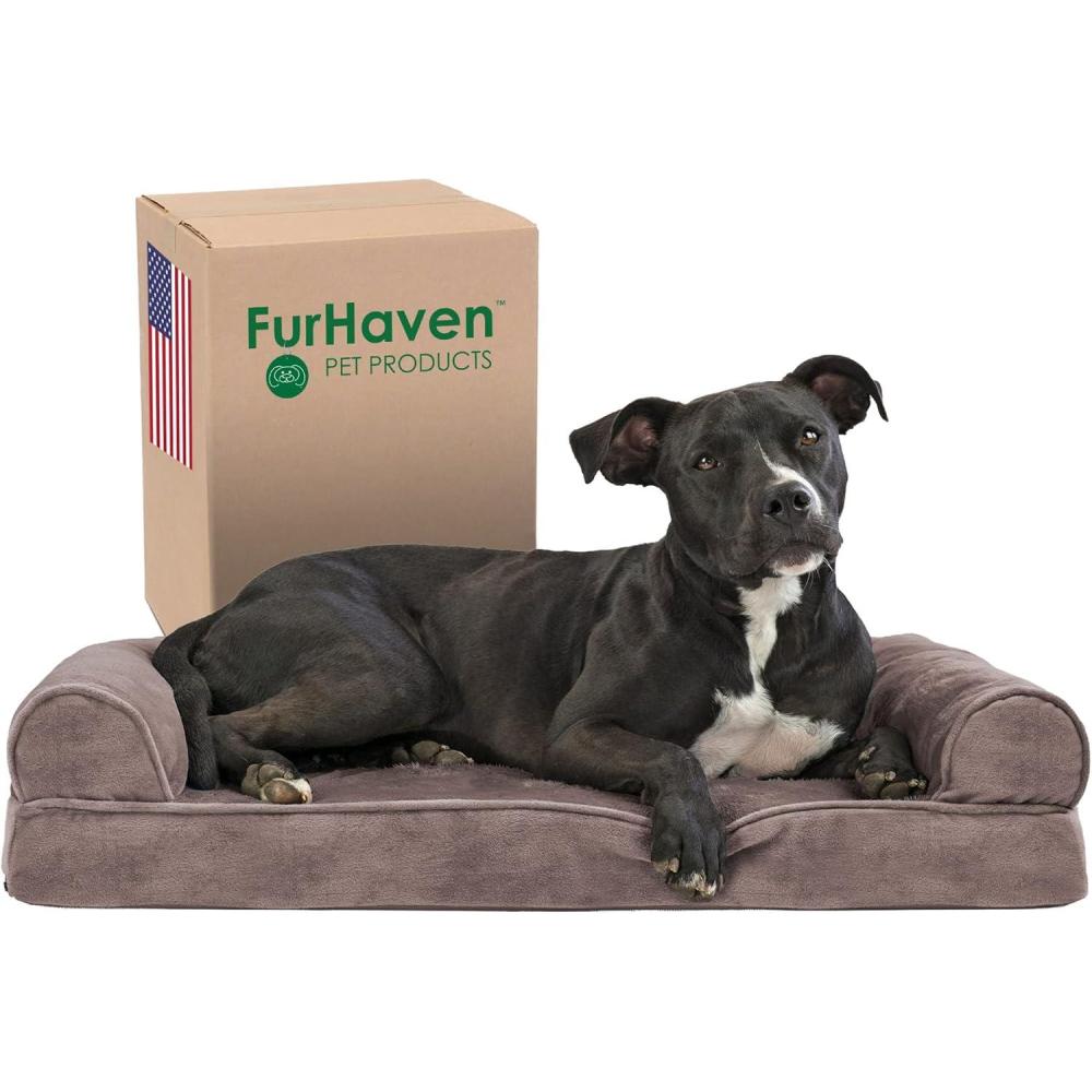 imageFurhaven Memory Foam Dog Bed for Large Dogs w Removable Bolsters ampamp Washable Cover For Dogs Up to 125 lbs Plush ampamp Suede Sofa Gray Jumbo PlusXXLFaux Fur Velvet Driftwood Brown