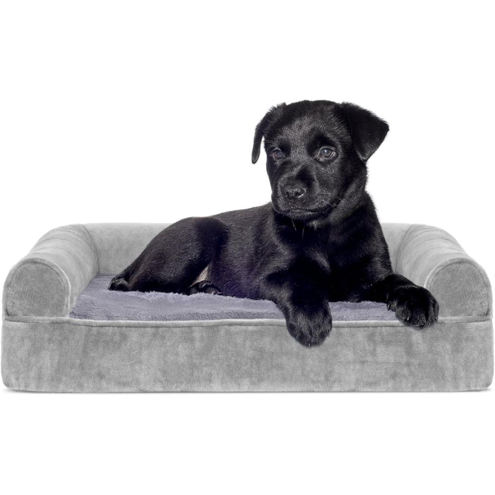 imageFurhaven Memory Foam Dog Bed for Large Dogs w Removable Bolsters ampamp Washable Cover For Dogs Up to 125 lbs Plush ampamp Suede Sofa Gray Jumbo PlusXXLSmoke Gray Faux Fur Velvet