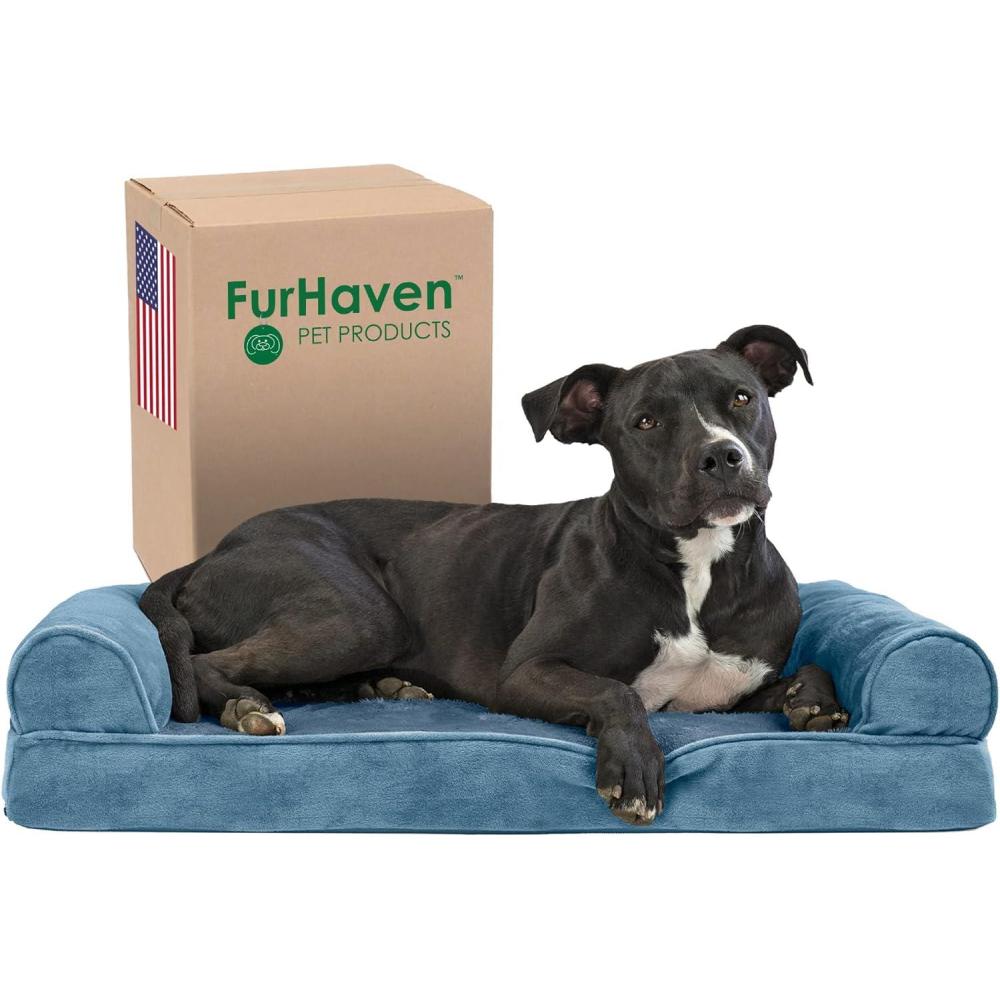 imageFurhaven Memory Foam Dog Bed for Large Dogs w Removable Bolsters ampamp Washable Cover For Dogs Up to 125 lbs Plush ampamp Suede Sofa Gray Jumbo PlusXXLFaux Fur Velvet Harbor Blue