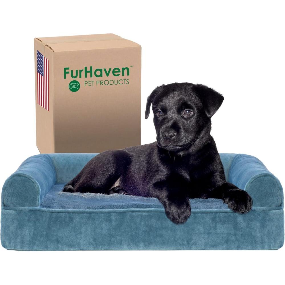 imageFurhaven Memory Foam Dog Bed for Large Dogs w Removable Bolsters ampamp Washable Cover For Dogs Up to 125 lbs Plush ampamp Suede Sofa Gray Jumbo PlusXXLHarbor Blue Faux Fur Velvet