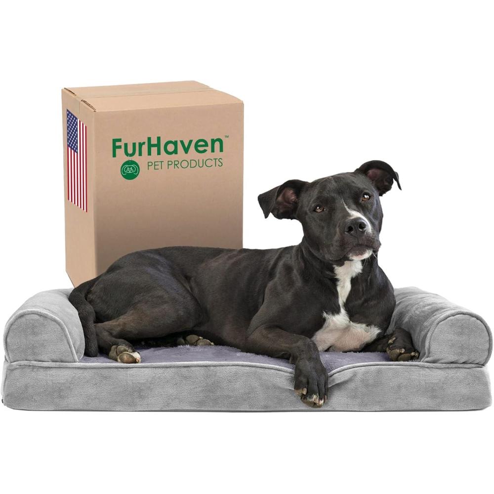 imageFurhaven Memory Foam Dog Bed for Large Dogs w Removable Bolsters ampamp Washable Cover For Dogs Up to 125 lbs  Plush ampamp Suede Sofa  Gray Jumbo PlusXXLFaux Fur  Velvet Smoke Gray
