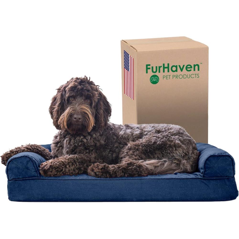 imageFurhaven Memory Foam Dog Bed for Large Dogs w Removable Bolsters ampamp Washable Cover For Dogs Up to 125 lbs Plush ampamp Suede Sofa Gray Jumbo PlusXXLQuilted Navy