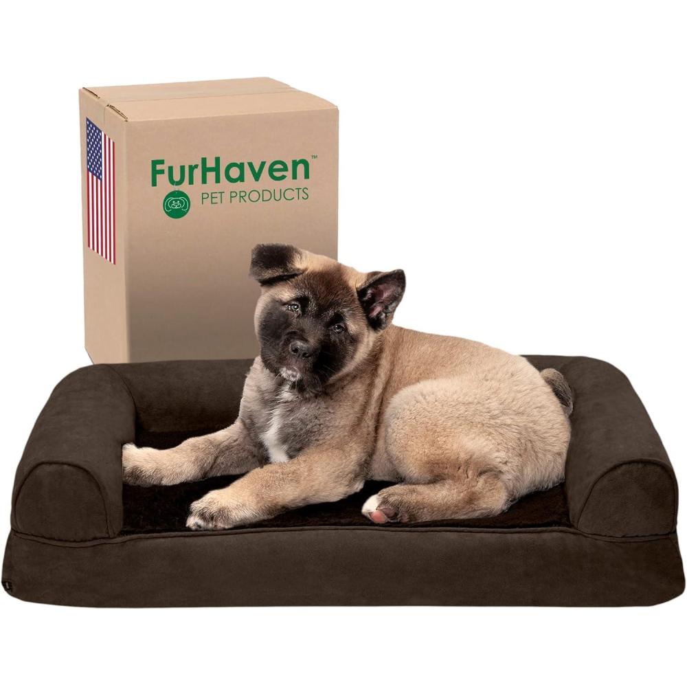 imageFurhaven Memory Foam Dog Bed for Large Dogs w Removable Bolsters ampamp Washable Cover For Dogs Up to 125 lbs Plush ampamp Suede Sofa Gray Jumbo PlusXXLPlush Suede Espresso