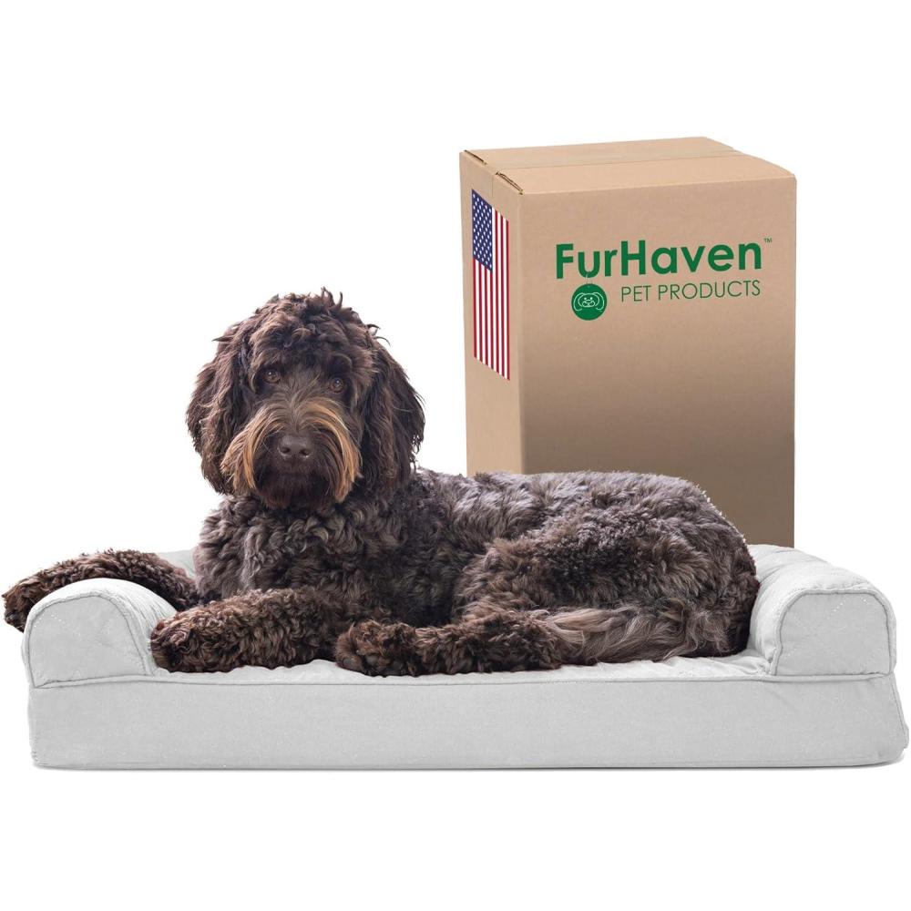 imageFurhaven Memory Foam Dog Bed for Large Dogs w Removable Bolsters ampamp Washable Cover For Dogs Up to 125 lbs Plush ampamp Suede Sofa Gray Jumbo PlusXXLQuilted Silver Gray