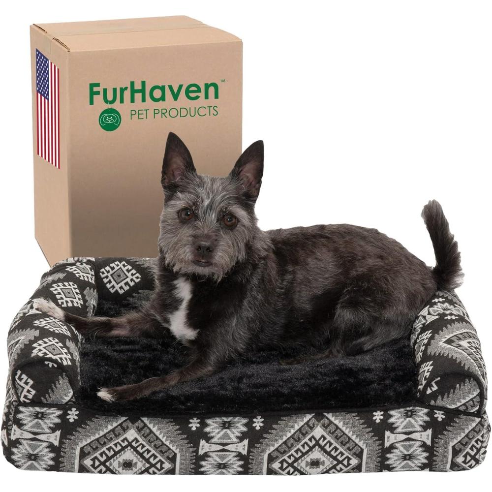 imageFurhaven Memory Foam Dog Bed for Large Dogs w Removable Bolsters ampamp Washable Cover For Dogs Up to 125 lbs  Plush ampamp Suede Sofa  Gray Jumbo PlusXXLPlush  Southwest Kilim Decor Black Medallion