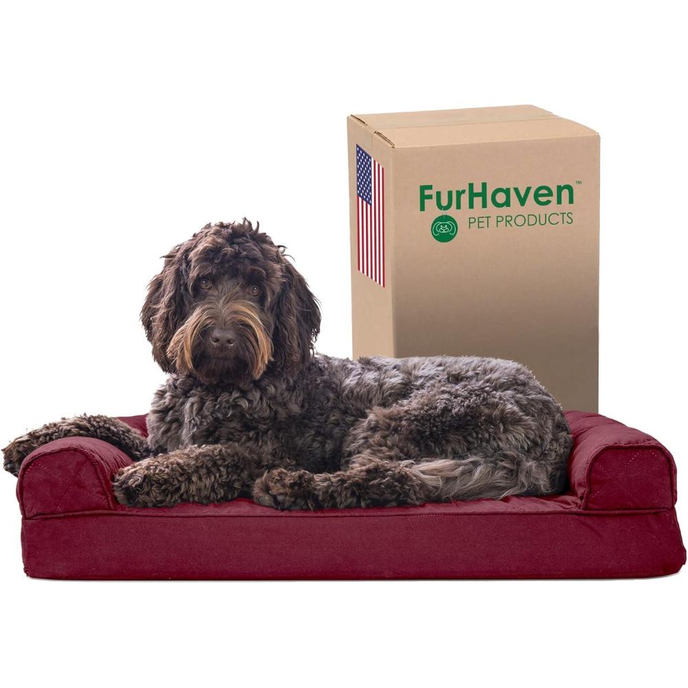 imageFurhaven Memory Foam Dog Bed for Large Dogs w Removable Bolsters ampamp Washable Cover For Dogs Up to 125 lbs Plush ampamp Suede Sofa Gray Jumbo PlusXXLWine Red Quilted Sofa