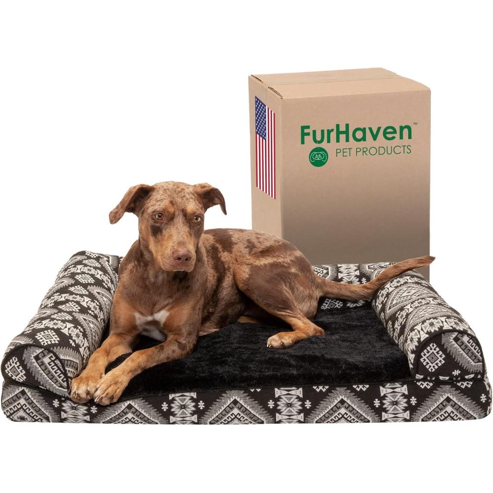 imageFurhaven Memory Foam Dog Bed for Large Dogs w Removable Bolsters ampamp Washable Cover For Dogs Up to 95 lbs  Sherpa ampamp Chenille Sofa  Orion Blue JumboXLPlush  Southwest Kilim Decor Black Medallion