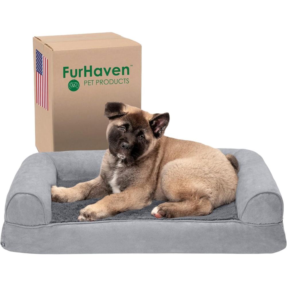 imageFurhaven Memory Foam Dog Bed for Large Dogs w Removable Bolsters ampamp Washable Cover For Dogs Up to 95 lbs Sherpa ampamp Chenille Sofa Orion Blue JumboXLPlush Suede Gray