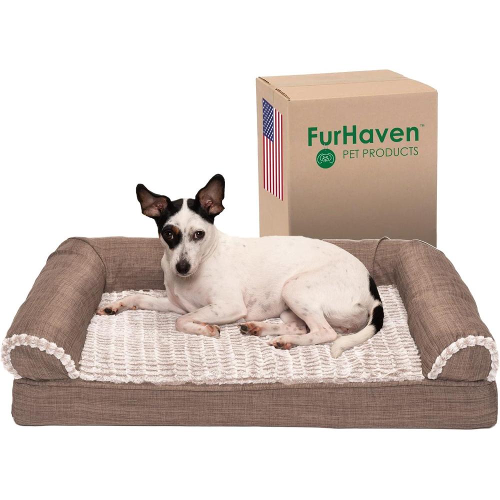 imageFurhaven Memory Foam Dog Bed for Large Dogs w Removable Bolsters ampamp Washable Cover For Dogs Up to 95 lbs  Sherpa ampamp Chenille Sofa  Orion Blue JumboXLLuxe Faux Fur  Linen Woodsmoke