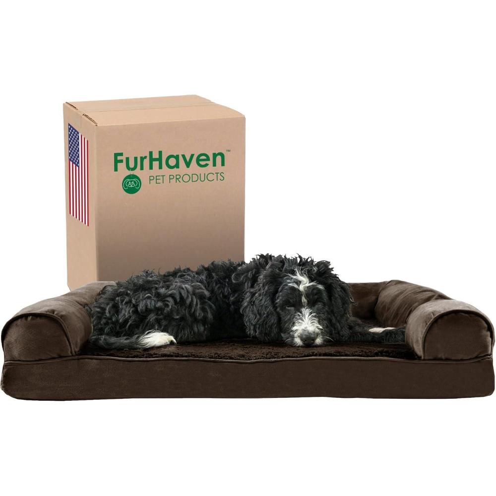 imageFurhaven Memory Foam Dog Bed for Large Dogs w Removable Bolsters ampamp Washable Cover For Dogs Up to 95 lbs Sherpa ampamp Chenille Sofa Orion Blue JumboXLPlush Suede Espresso