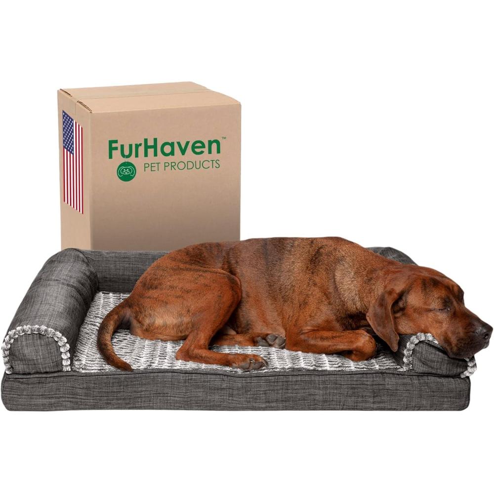 imageFurhaven Memory Foam Dog Bed for Large Dogs w Removable Bolsters ampamp Washable Cover For Dogs Up to 95 lbs Sherpa ampamp Chenille Sofa Orion Blue JumboXLLuxe Faux Fur Linen Charcoal