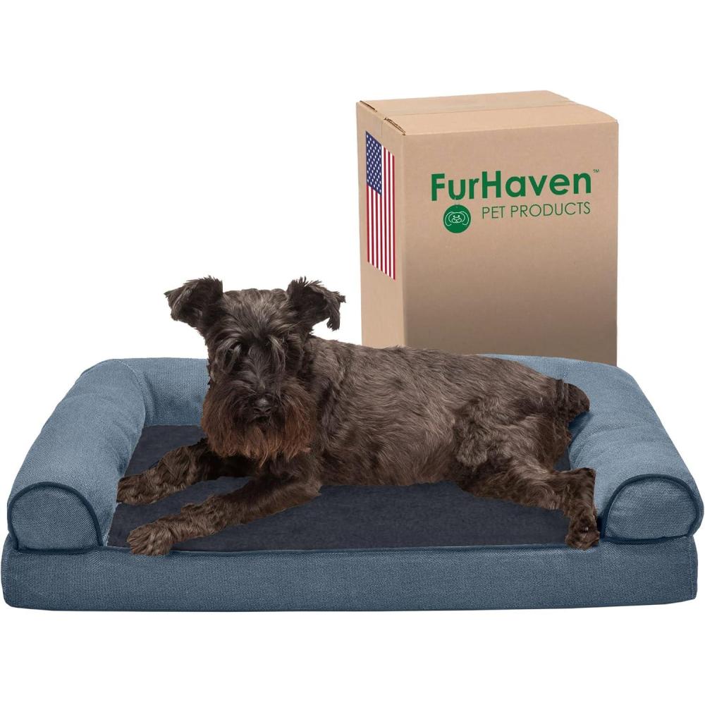 imageFurhaven Memory Foam Dog Bed for Large Dogs w Removable Bolsters ampamp Washable Cover For Dogs Up to 95 lbs Sherpa ampamp Chenille Sofa Orion Blue JumboXLSherpa Chenille Orion Blue