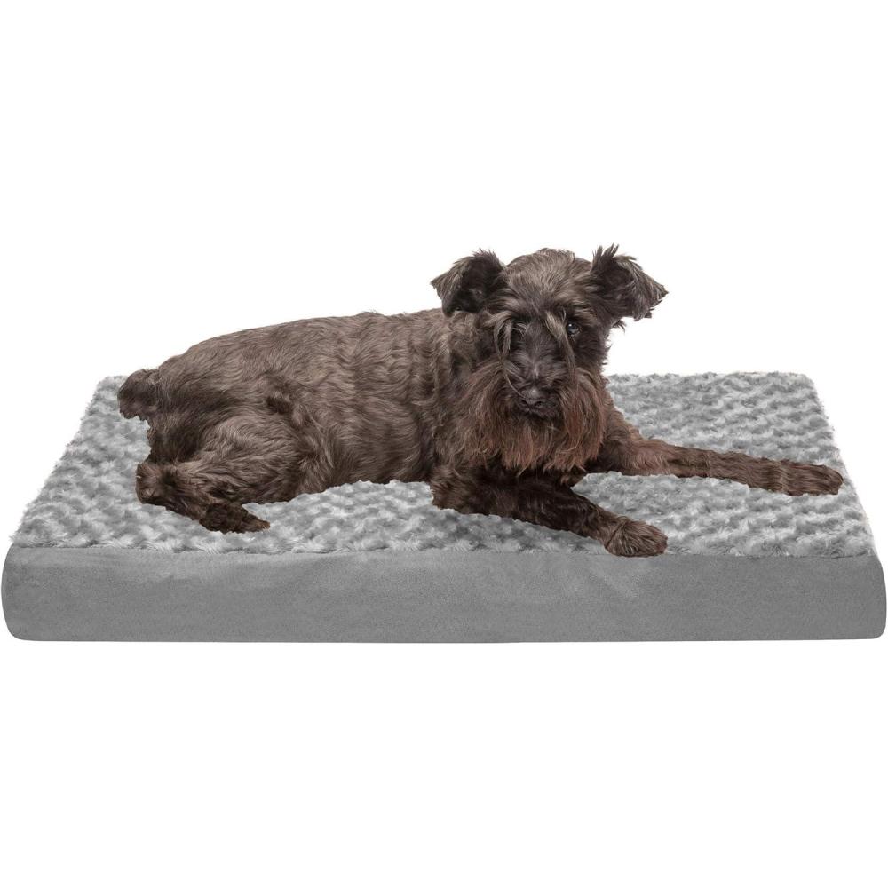 imageFurhaven Memory Foam Dog Bed for Large Dogs w Removable Washable Cover For Dogs Up to 125 lbs Ultra Plush Faux Fur ampamp Suede Mattress Gray Jumbo PlusXXLUltra Plush Curly Faux Fur Gray