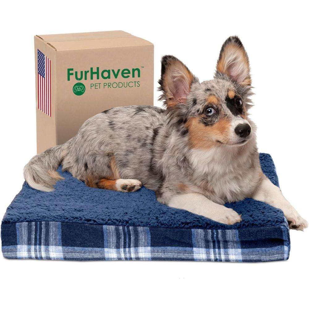 imageFurhaven Memory Foam Dog Bed for Large Dogs w Removable Washable Cover For Dogs Up to 95 lbs Ultra Plush Faux Fur ampamp Suede Mattress Chocolate JumboXLSherpa Plaid Flannel Midnight Blue
