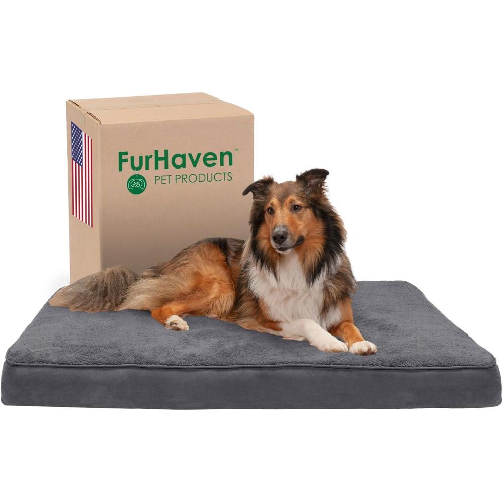 imageFurhaven Memory Foam Dog Bed for Large Dogs w Removable Washable Cover For Dogs Up to 95 lbs Ultra Plush Faux Fur ampamp Suede Mattress Chocolate JumboXLTerry Suede Gray