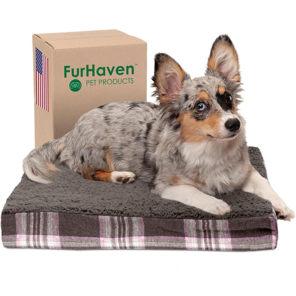 imageFurhaven Memory Foam Dog Bed for Large Dogs w Removable Washable Cover For Dogs Up to 95 lbs Ultra Plush Faux Fur ampamp Suede Mattress Chocolate JumboXLSherpa Plaid Flannel Java Brown