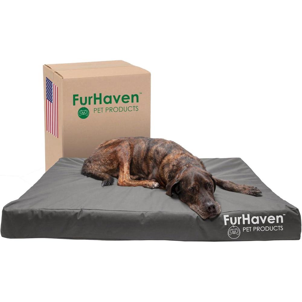 imageFurhaven WaterResistant Memory Foam Dog Bed for Large Dogs w Removable Quilt Top ampamp Washable Cover For Dogs Up to 95 lbs IndoorOutdoor Quilt Top Convertible Mattress Gray JumboXLWaterResistant Logo Print Stone Gray