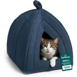 Furhaven Cat Bed Cave for Indoor Cats & Small Dogs, Washable & Foldable w/ Removable Cushion – Polar Fleece Pet Tent – Lagoon Blue, Small, 16.0″L x 13.0″W x 13.0″Th