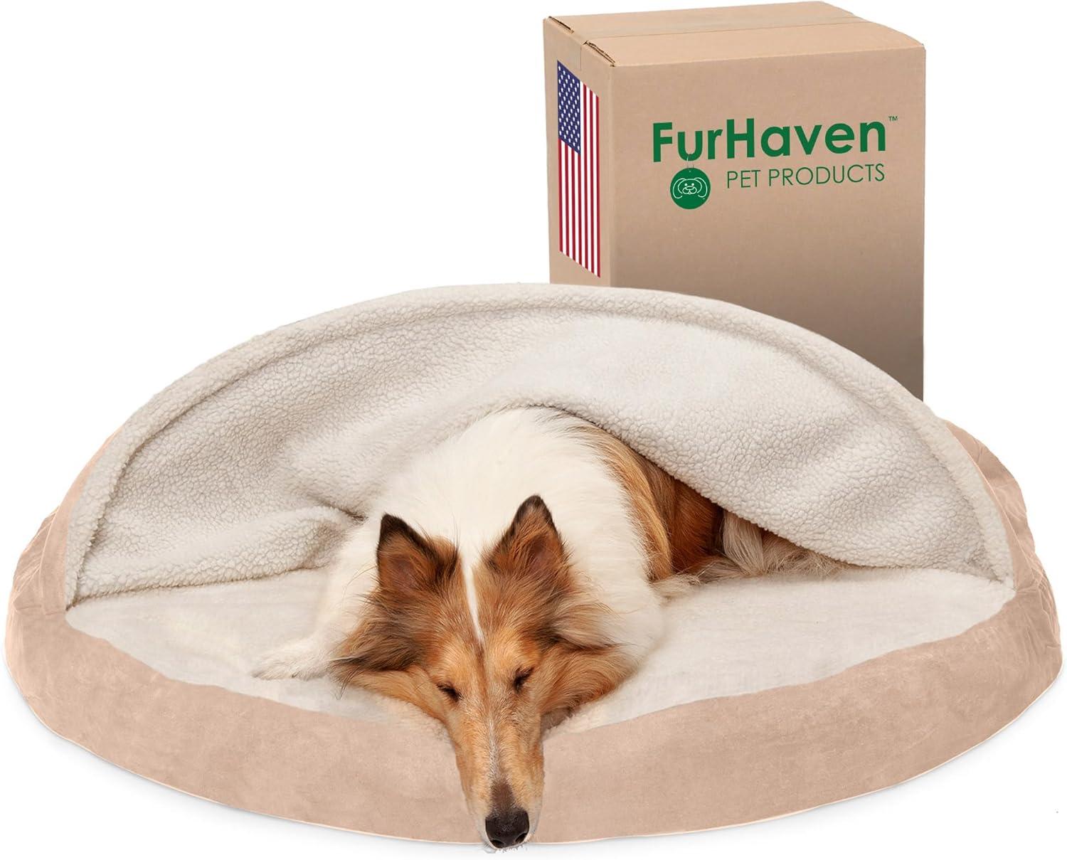 imageFurhaven 44quot Round Orthopedic Dog Bed for Large Dogs w Removable Washable Cover For Dogs Up to 80 lbs Sherpa ampamp Suede Snuggery Blue 44inchFaux Lambswool Suede Cream