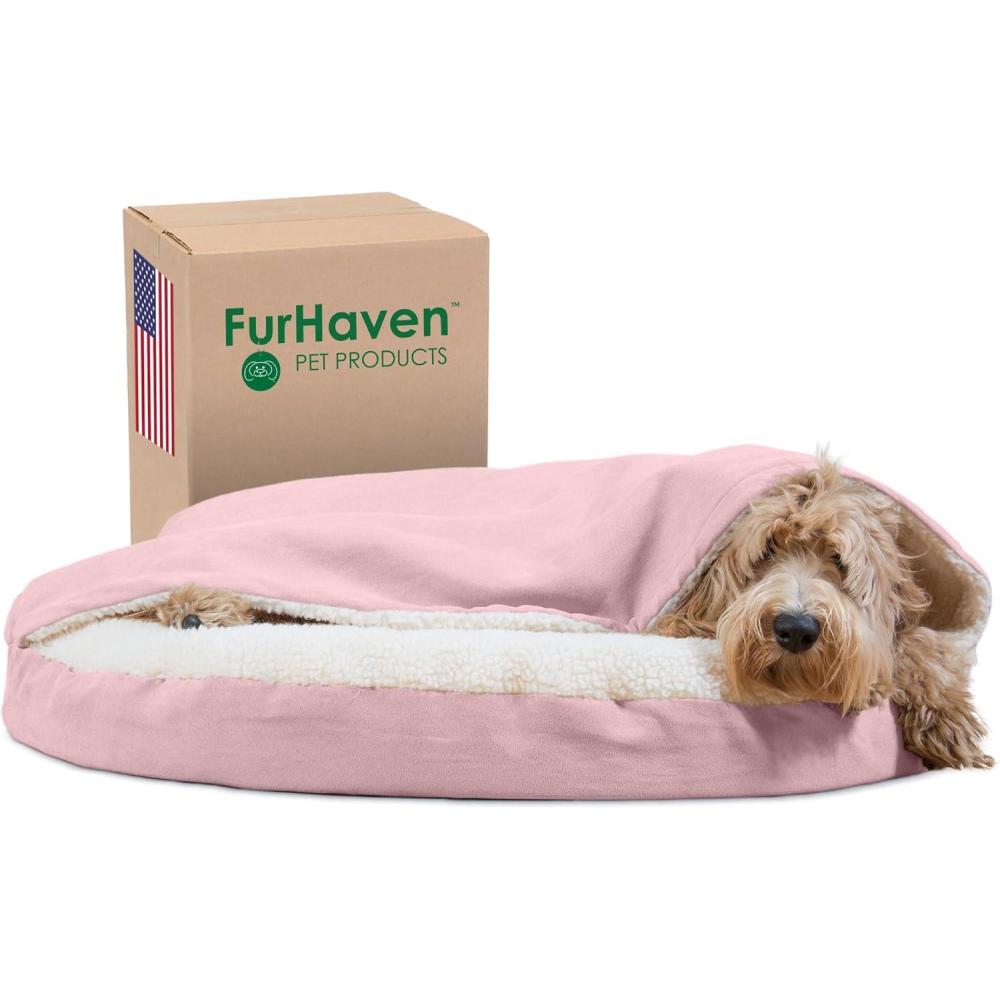 imageFurhaven 44quot Round Orthopedic Dog Bed for Large Dogs w Removable Washable Cover For Dogs Up to 80 lbs Sherpa ampamp Suede Snuggery Blue 44inchFaux Lambswool Suede Pink