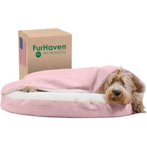 Furhaven 44″ Round Orthopedic Dog Bed for Large Dogs w/ Removable Washable Cover, For Dogs Up to 80 lbs – Sherpa & Suede Snuggery – Blue, 44-inch(Faux Lambswool & Suede Pink)