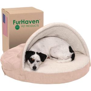 Furhaven 44″ Round Orthopedic Dog Bed for Large Dogs w/ Removable Washable Cover, For Dogs Up to 80 lbs – Sherpa & Suede Snuggery – Blue, 44-inch(Faux Lambswool & Suede Cream)