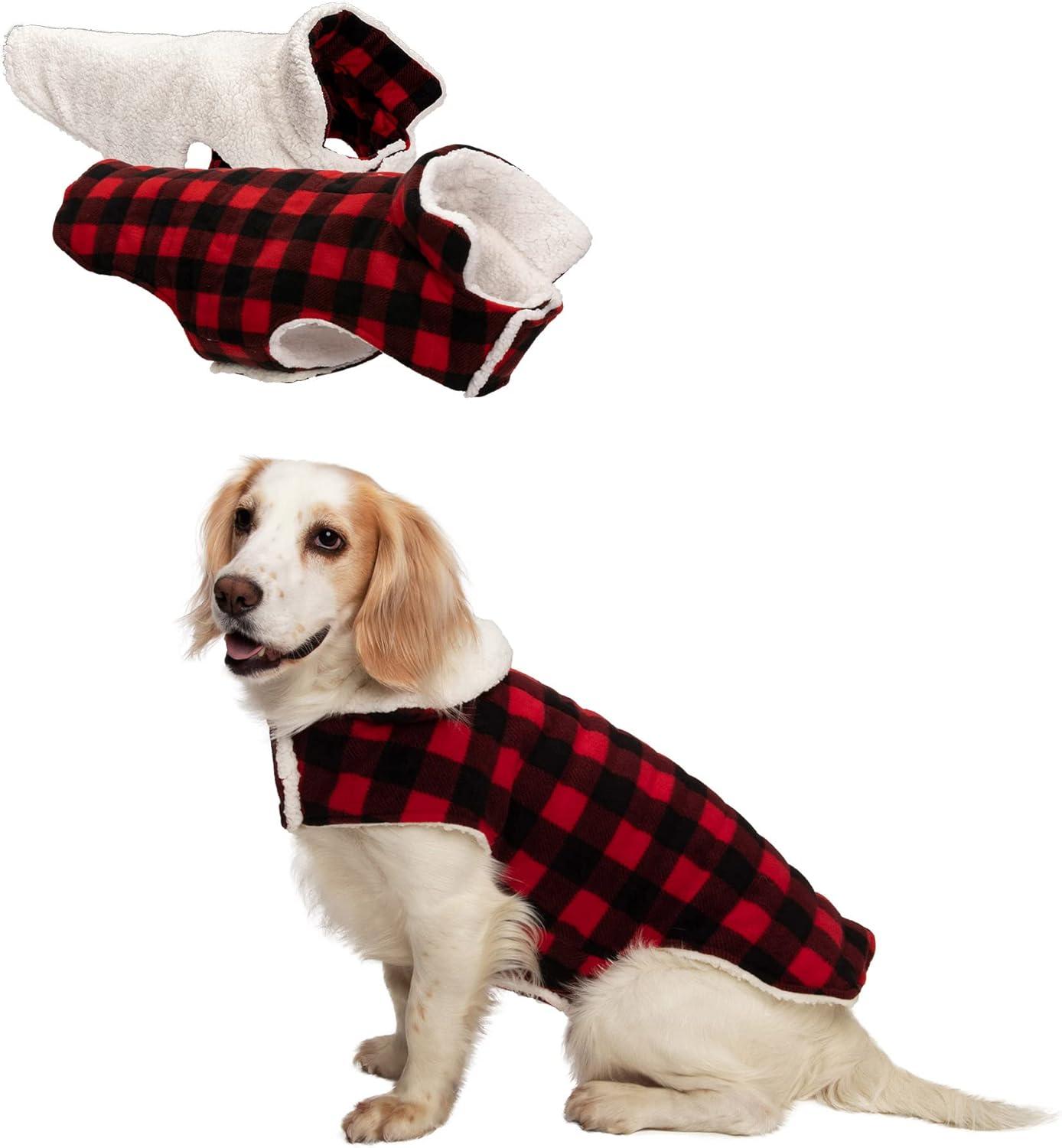 imageFurhaven Reversible Small Dog Coat Washable ampamp Insulating w Leash Access Sherpa ampamp Plaid Fleece FlexFit Jacket CreamRed SmallCreamRed Plaid
