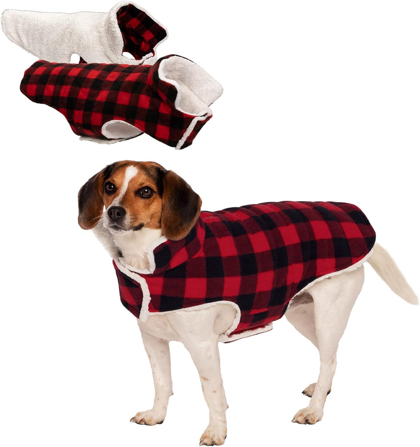 imageFurhaven Reversible Small Dog Coat Washable ampamp Insulating w Leash Access Sherpa ampamp Plaid Fleece FlexFit Jacket CreamRed SmallCreamRed Plaid