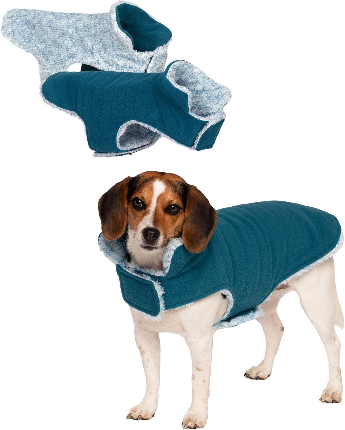 imageFurhaven Reversible Small Dog Coat Washable ampamp Insulating w Leash Access Sherpa ampamp Plaid Fleece FlexFit Jacket CreamRed SmallMarine Blue
