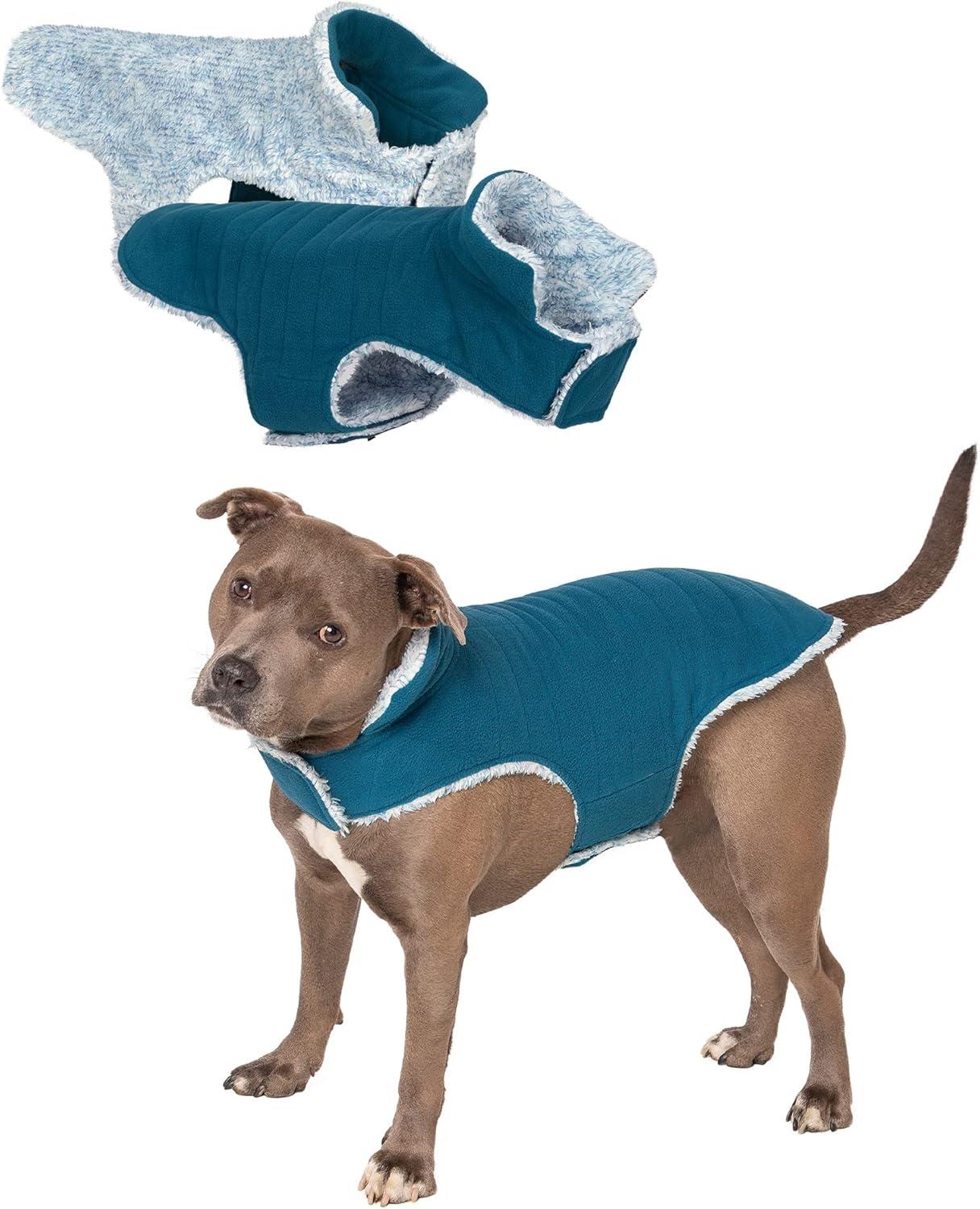 imageFurhaven Reversible Small Dog Coat Washable ampamp Insulating w Leash Access Sherpa ampamp Plaid Fleece FlexFit Jacket CreamRed SmallMarine Blue