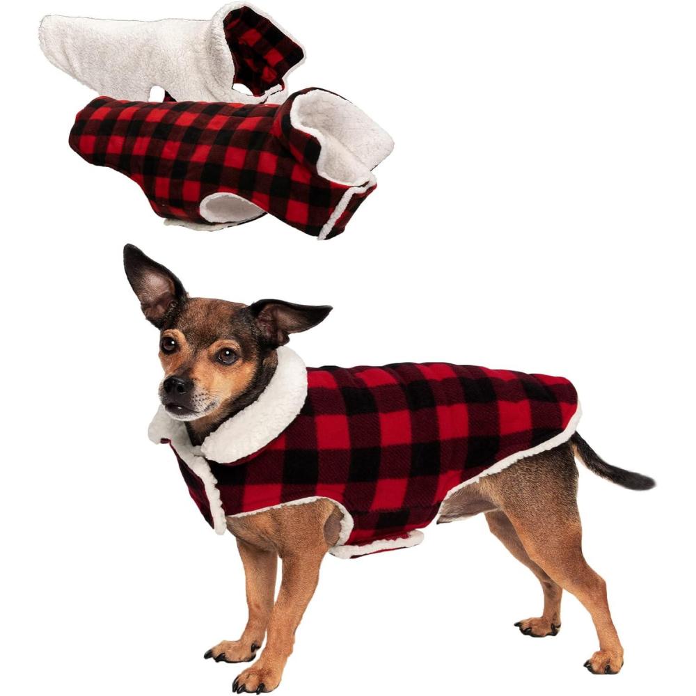 imageFurhaven Reversible Small Dog Coat Washable ampamp Insulating w Leash Access Sherpa ampamp Plaid Fleece FlexFit Jacket CreamRed SmallCreamRed Plaid