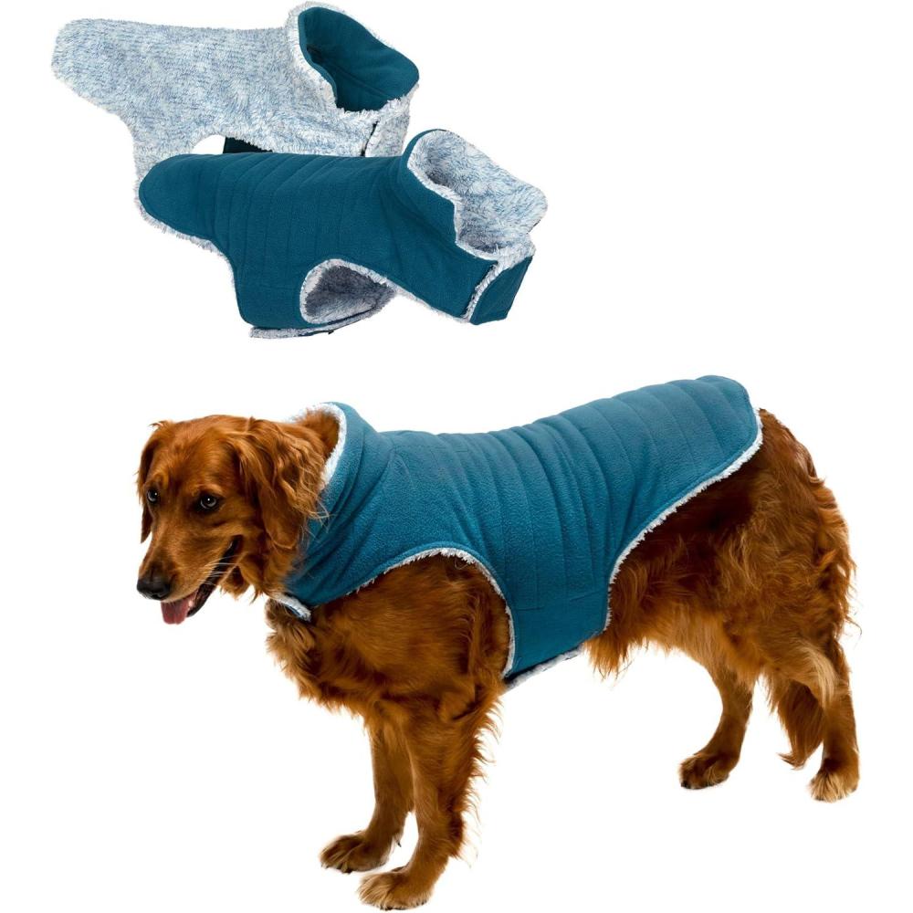imageFurhaven Reversible Small Dog Coat Washable ampamp Insulating w Leash Access Sherpa ampamp Plaid Fleece FlexFit Jacket CreamRed SmallMarine Blue